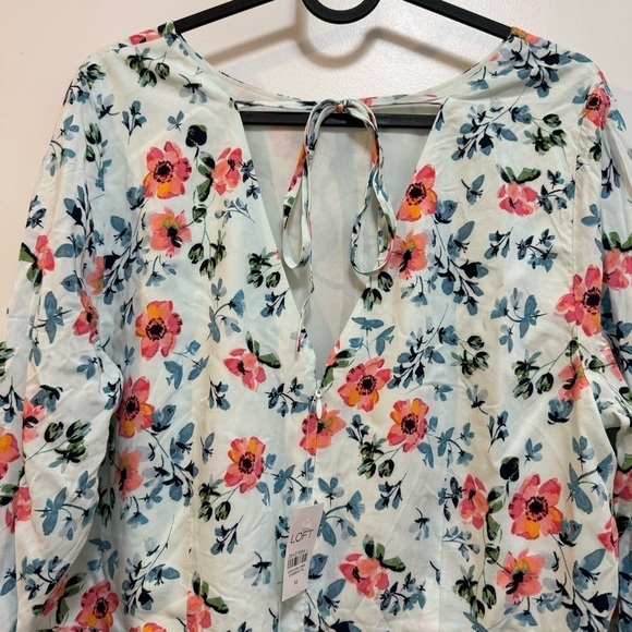 LOFT Floral Tunic Tie Back Bell Sleeve Boho Style Mini Dress Size 14 - Picture 7 of 15